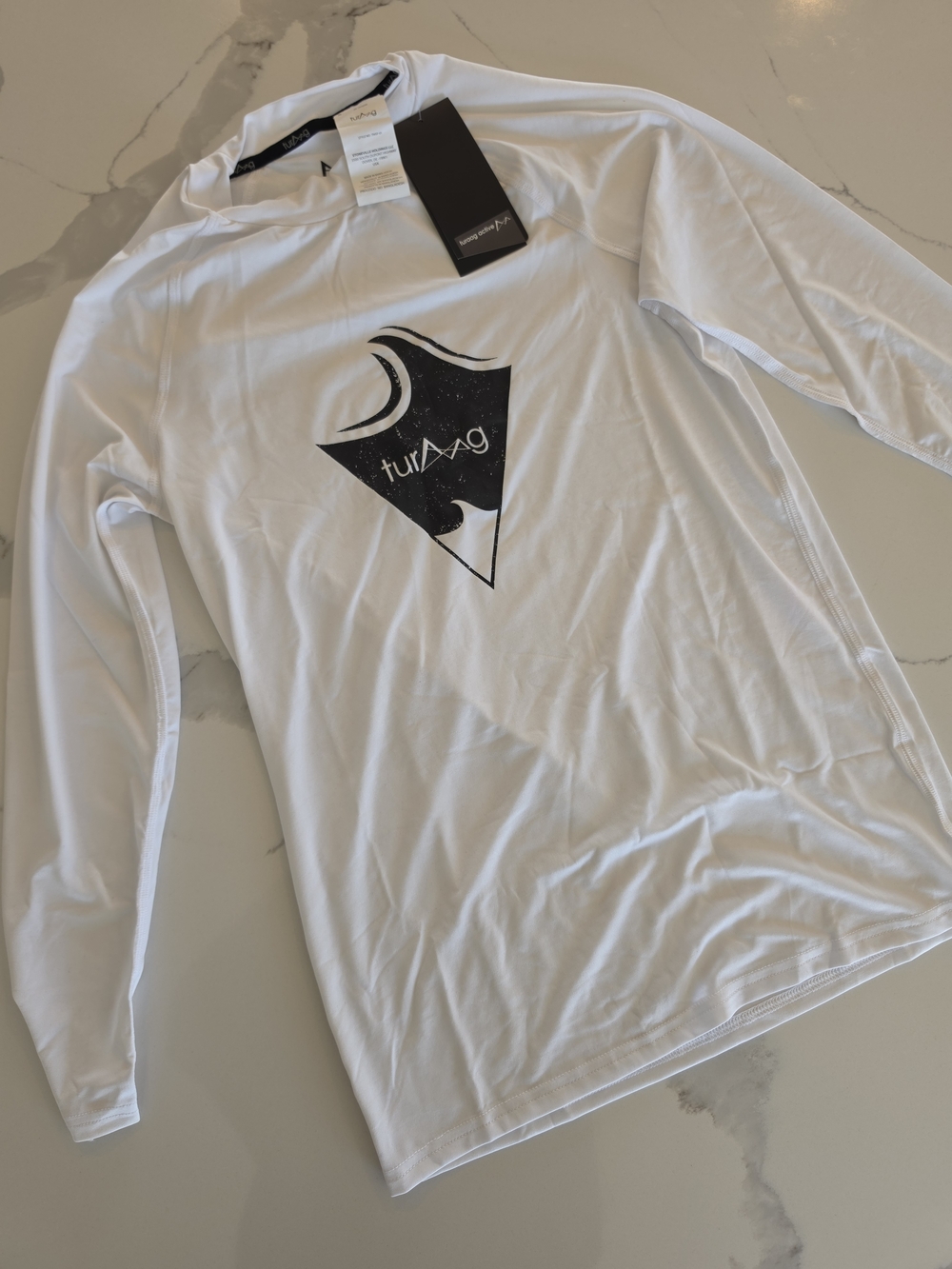 Men's white long sleeve shirt with black geometric logo